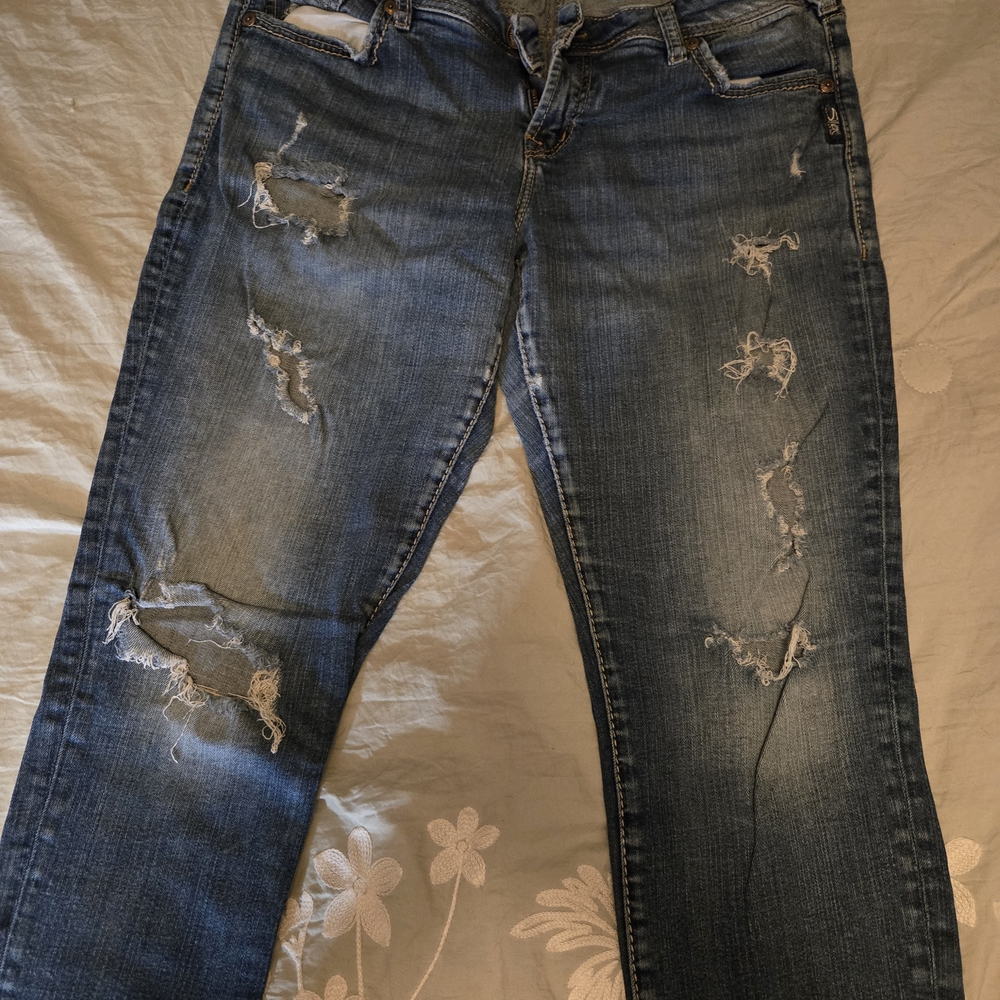 Silver Jeans Women's Distressed Straight Leg Blue Jeans
